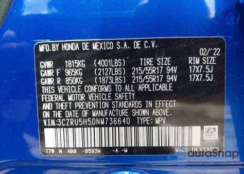 2022 Honda Hr-V 2Wd Ex from USA, damaged, VIN 3CZRU5H50NM736640